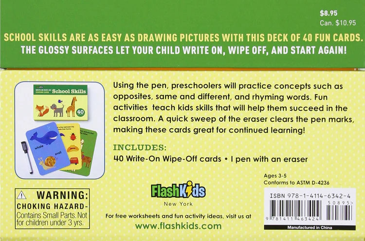 Write-On Wipe-Off Learning Cards: School Skills